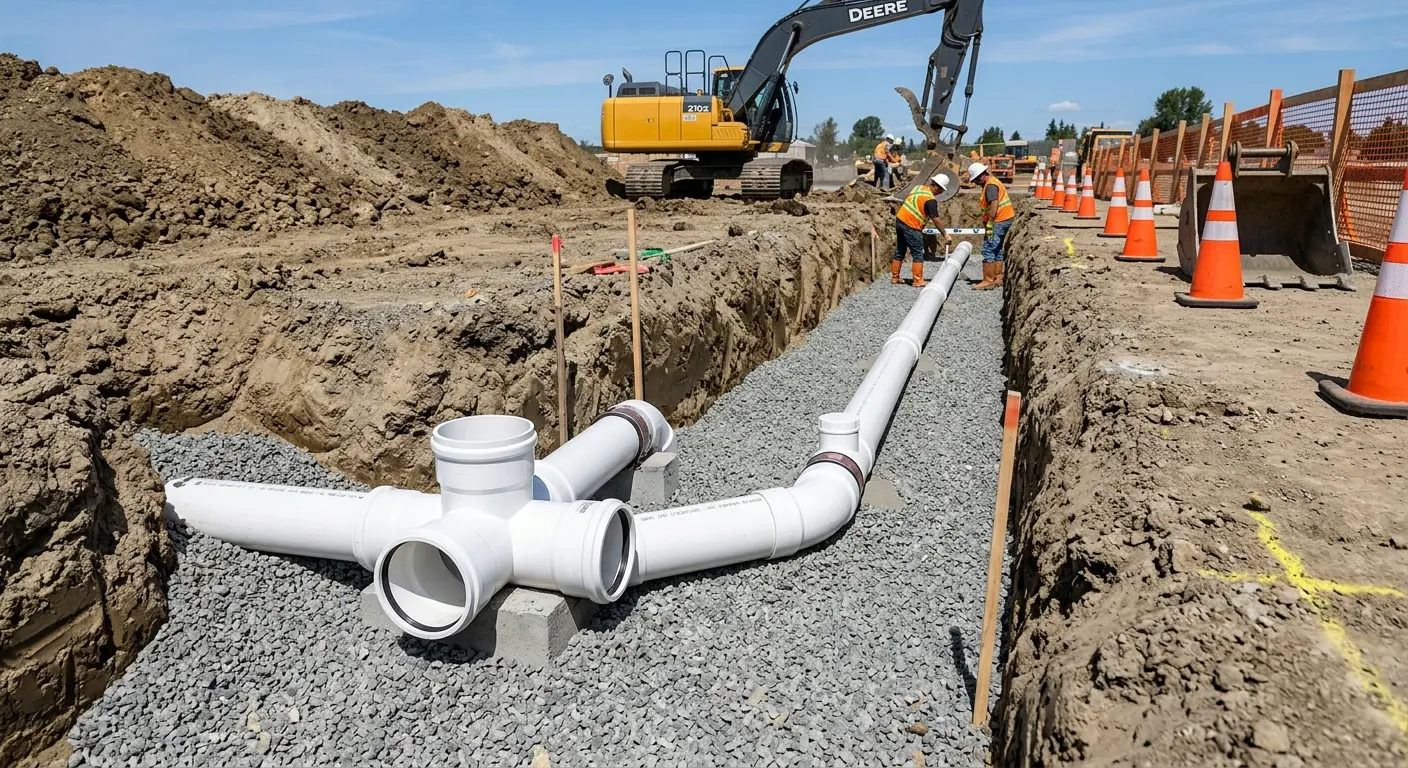 New PVC sewer pipe installation in open trench for Sewer Backup in Ozark