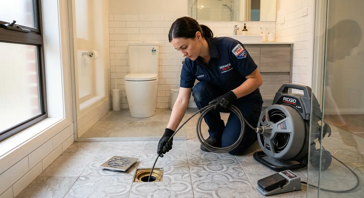 Technician clearing a bathroom floor drain for Drain Cleaning in Ozark